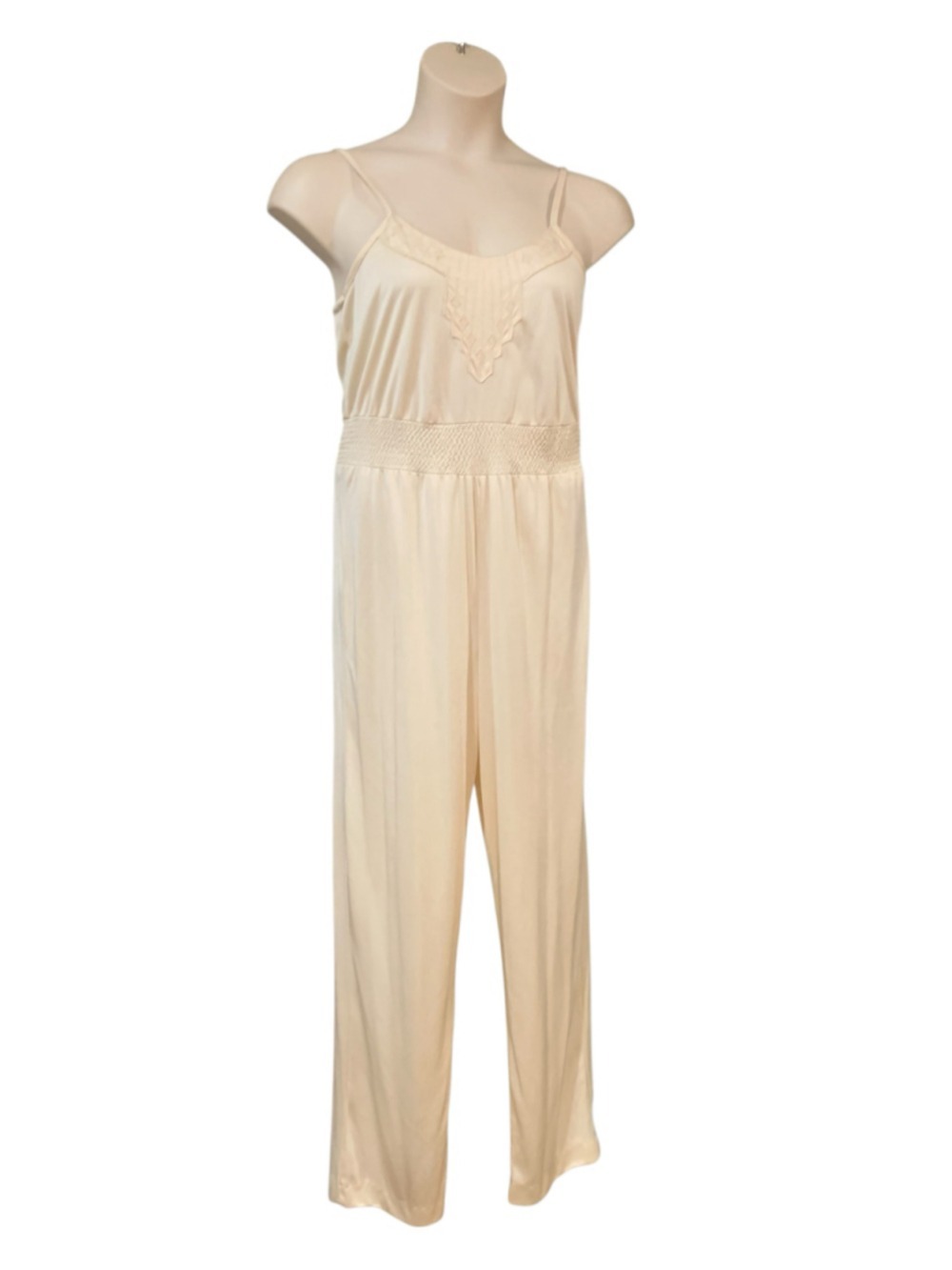 Vntg 80’s Women's embroidered Beige Spaghetti Strap straight leg Jumpsuit Size M